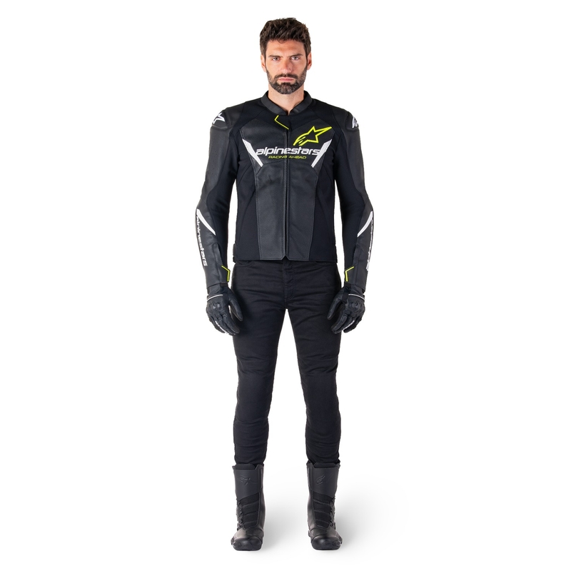Giacca moto in pelle Alpinestars Faster 3 Airflow nero-bianco-giallo