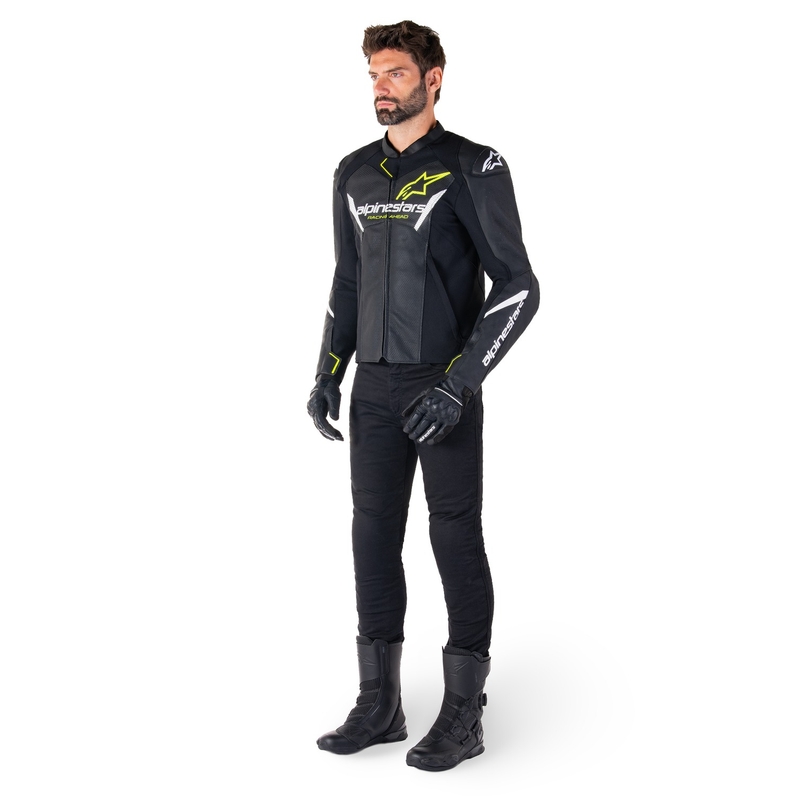 Giacca moto in pelle Alpinestars Faster 3 Airflow nero-bianco-giallo