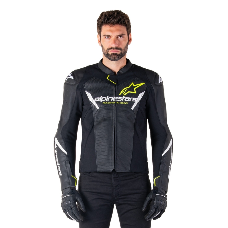 Giacca moto in pelle Alpinestars Faster 3 Airflow nero-bianco-giallo