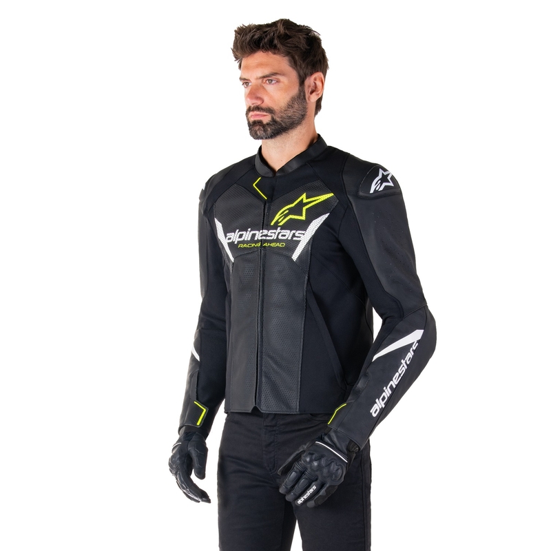 Giacca moto in pelle Alpinestars Faster 3 Airflow nero-bianco-giallo