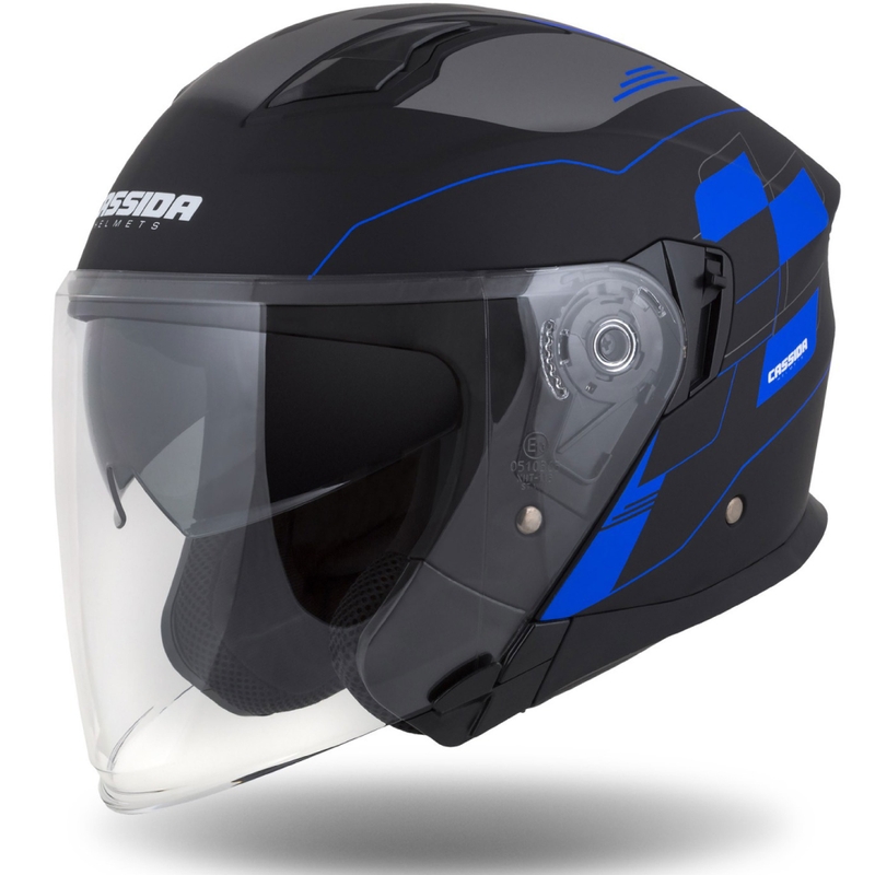 Casco moto aperto Cassida Jet Tech Roxor nero-grigio-blu opaco