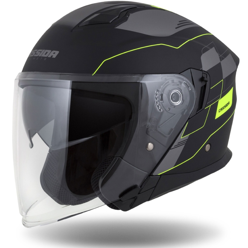 Casco moto aperto Cassida Jet Tech Roxor nero-grigio-giallo fluo opaco Saldi