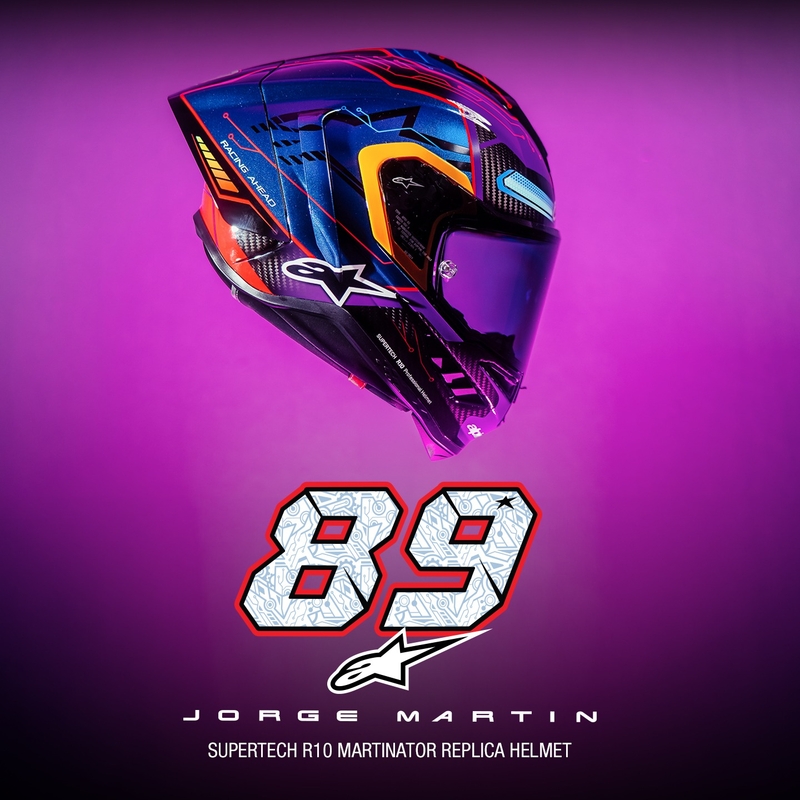 Casco Moto Integrale Alpinestars Supertech R-10 Limited Edition Martinator Jorge Martin Blu-Viola-Rosso-Giallo