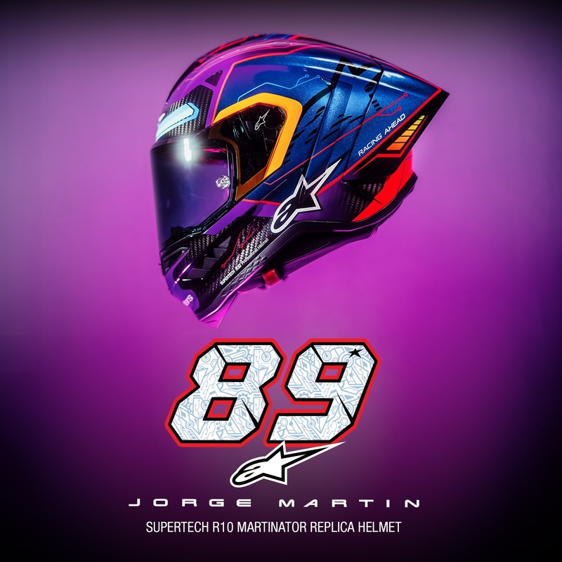 Casco Moto Integrale Alpinestars Supertech R-10 Limited Edition Martinator Jorge Martin Blu-Viola-Rosso-Giallo