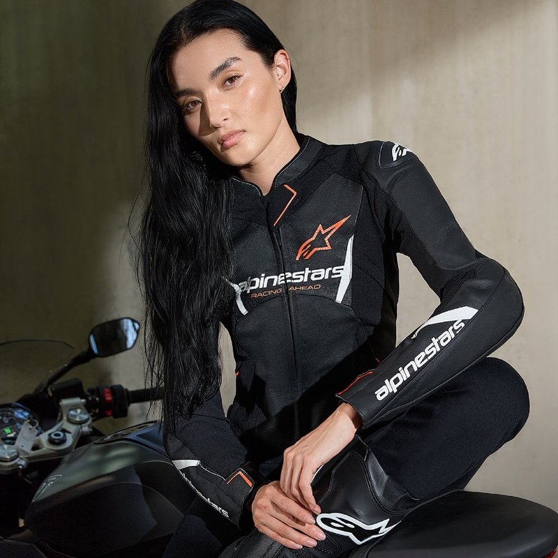 Giacca moto in pelle da donna Alpinestars Stella Faster 3 nero-bianco-rosso fluo
