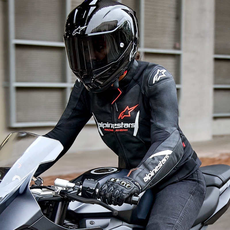 Giacca moto in pelle da donna Alpinestars Stella Faster 3 nero-bianco-rosso fluo
