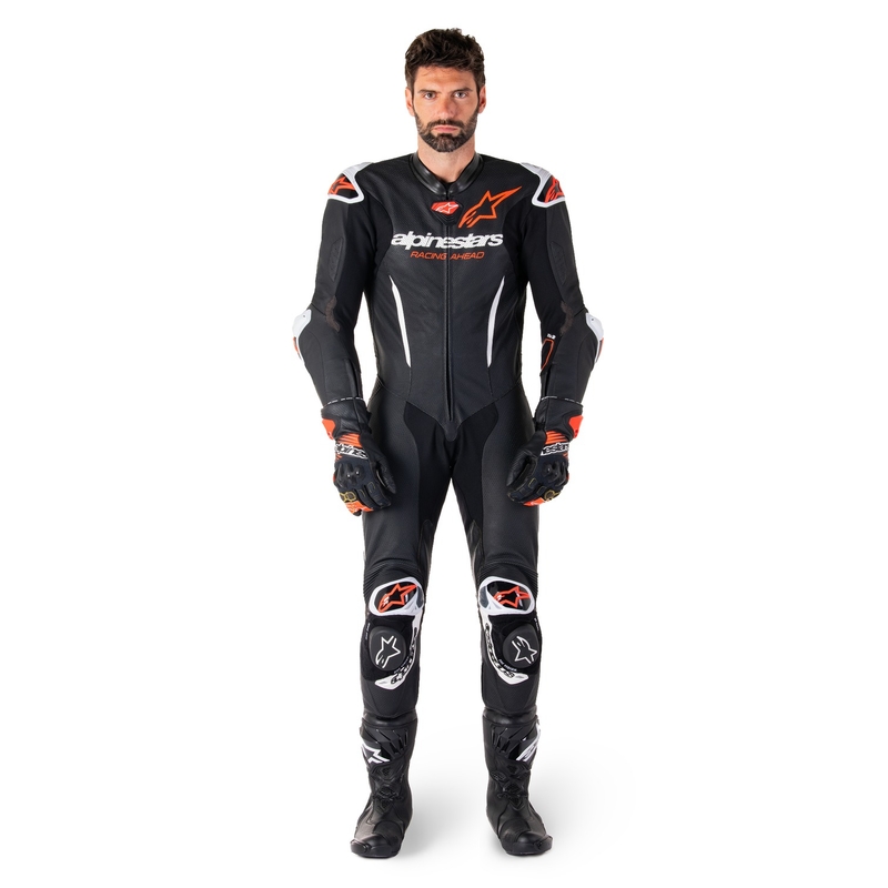 Tuta moto intera in pelle Alpinestars GP-R7 Tech-Air ready/compatibile nero-bianco-rosso fluo