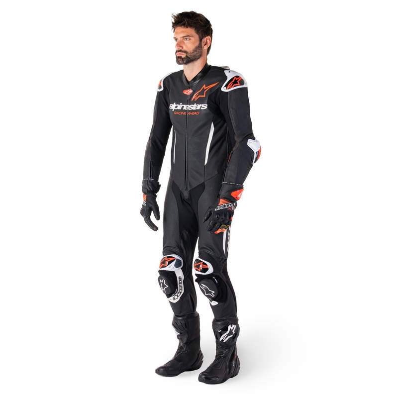 Tuta moto intera in pelle Alpinestars GP-R7 Tech-Air ready/compatibile nero-bianco-rosso fluo