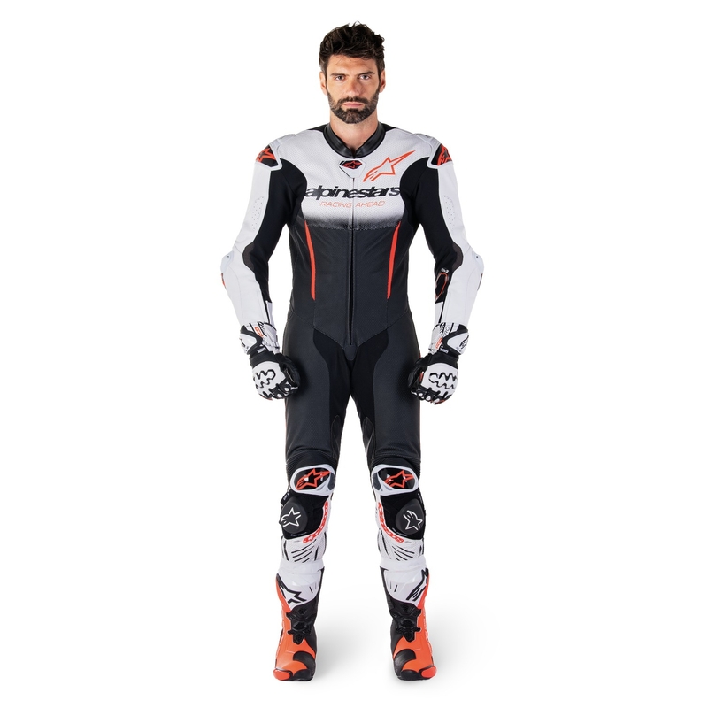 Tuta Intera in Pelle Alpinestars GP-R7 Tech-Air Ready/Compatibile Bianco-Nero-Rosso Fluo