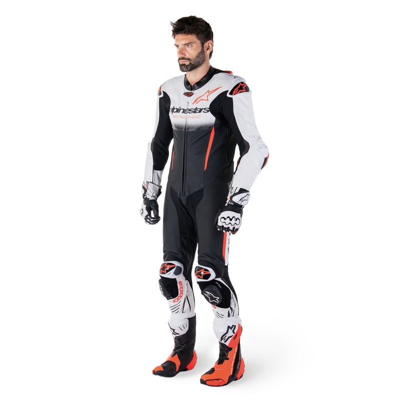 Tuta Intera in Pelle Alpinestars GP-R7 Tech-Air Ready/Compatibile Bianco-Nero-Rosso Fluo