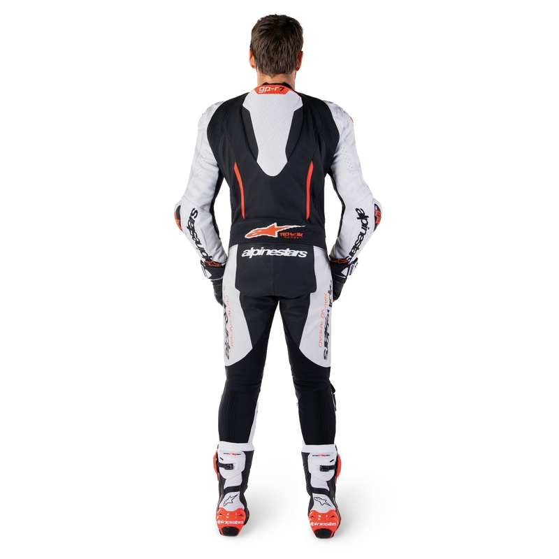 Tuta Intera in Pelle Alpinestars GP-R7 Tech-Air Ready/Compatibile Bianco-Nero-Rosso Fluo