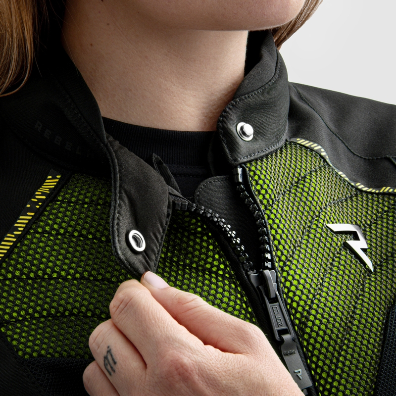 Giacca moto da donna Rebelhorn Jax nero-giallo fluo