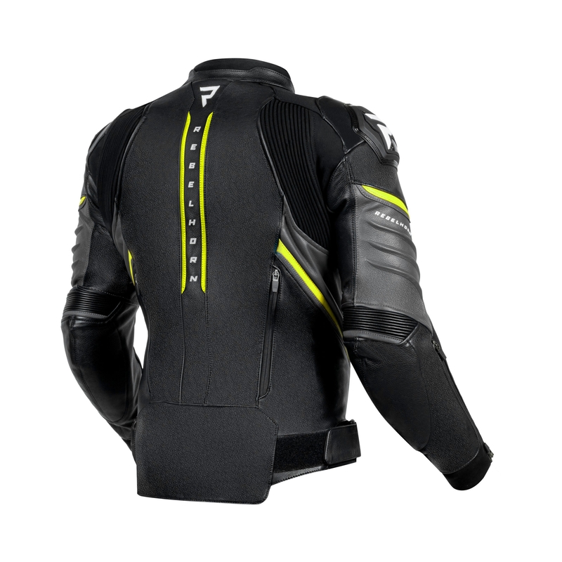 Giacca moto in pelle Rebelhorn Veloce nero-grigio-giallo fluo