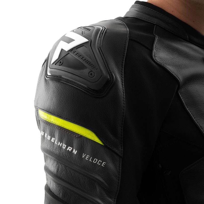 Giacca moto in pelle Rebelhorn Veloce nero-grigio-giallo fluo
