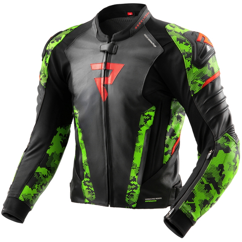 Giacca moto in pelle Rebelhorn Veloce nero-verde mimetico-rosso fluo