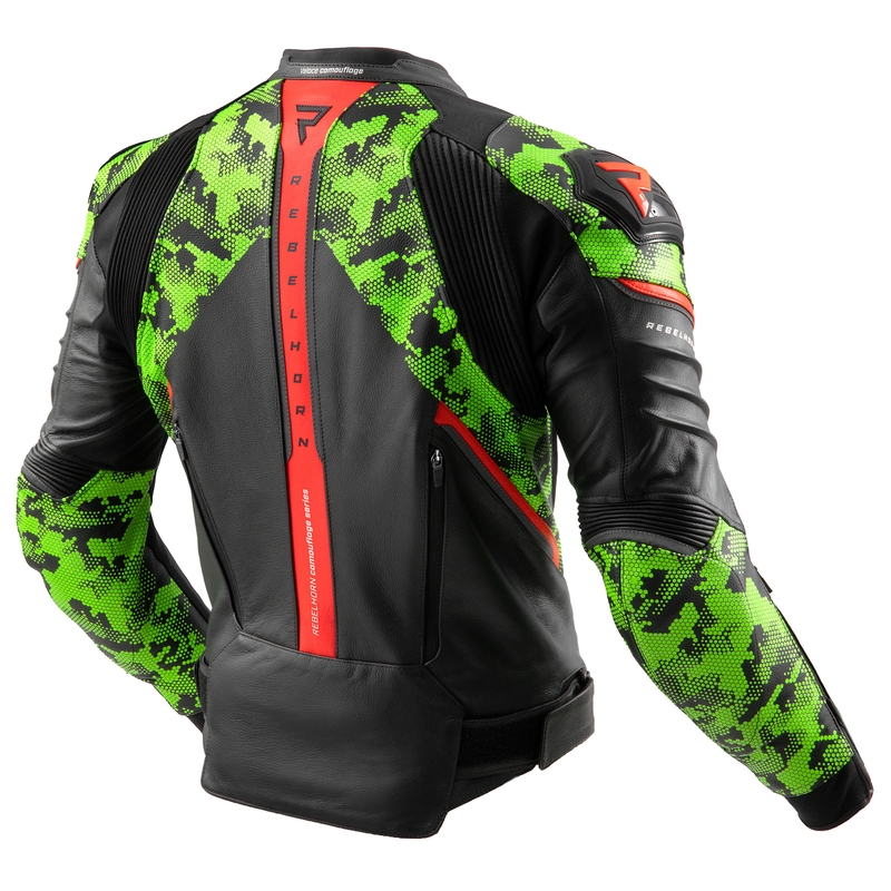 Giacca moto in pelle Rebelhorn Veloce nero-verde mimetico-rosso fluo