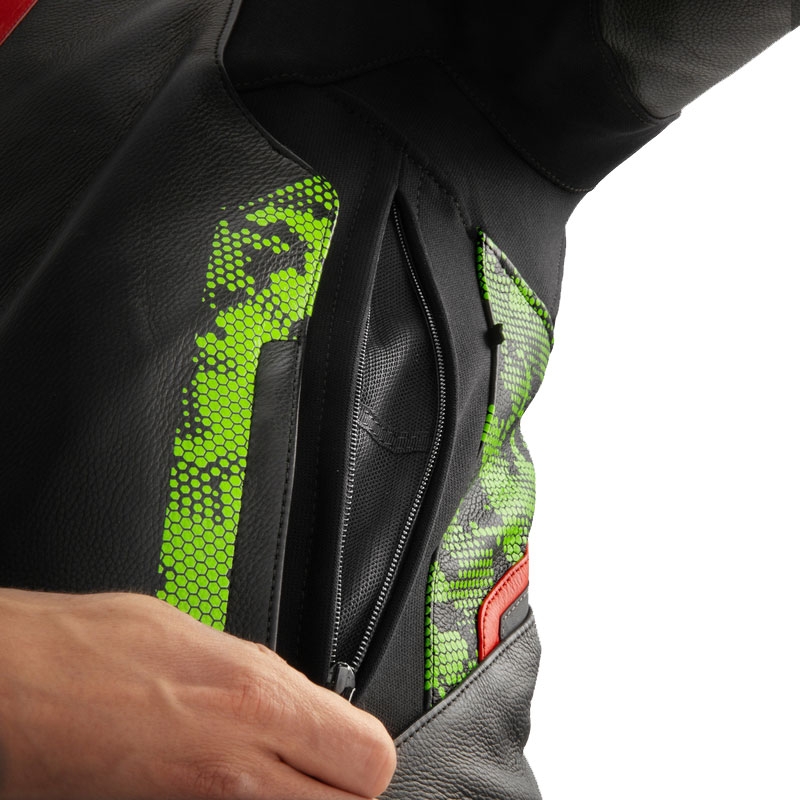 Giacca moto in pelle Rebelhorn Veloce nero-verde mimetico-rosso fluo