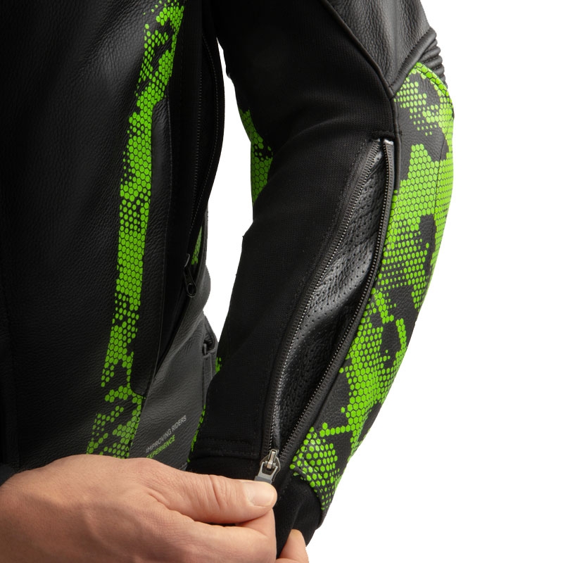 Giacca moto in pelle Rebelhorn Veloce nero-verde mimetico-rosso fluo