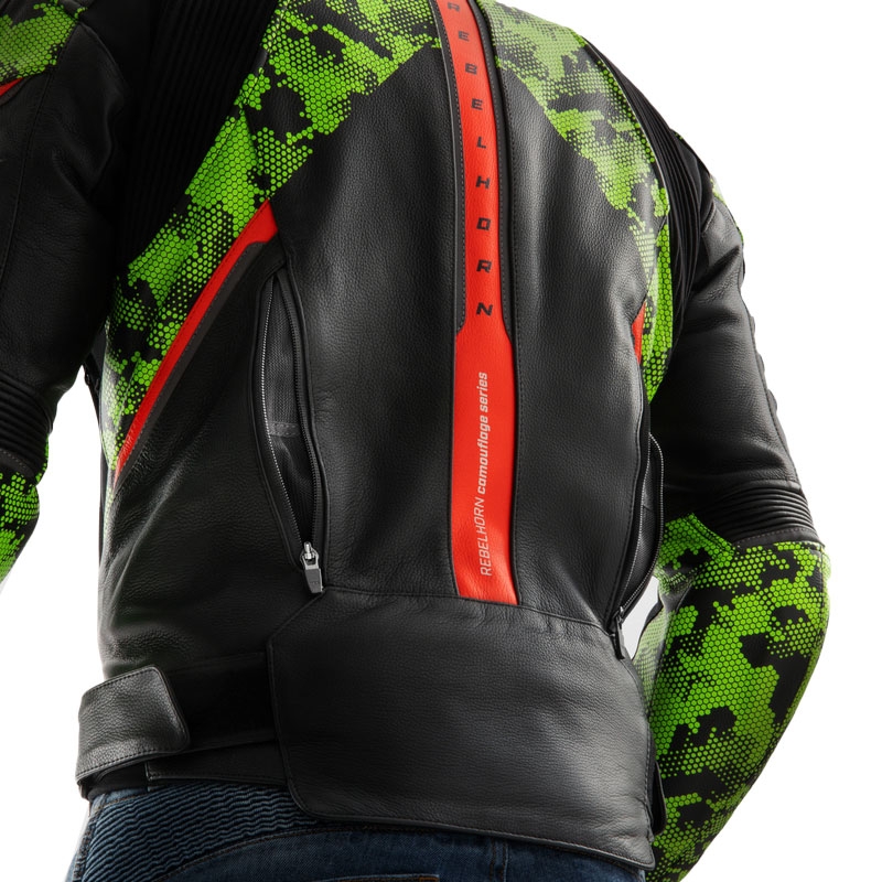 Giacca moto in pelle Rebelhorn Veloce nero-verde mimetico-rosso fluo