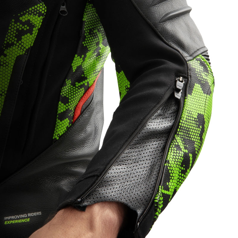Giacca moto in pelle Rebelhorn Veloce nero-verde mimetico-rosso fluo