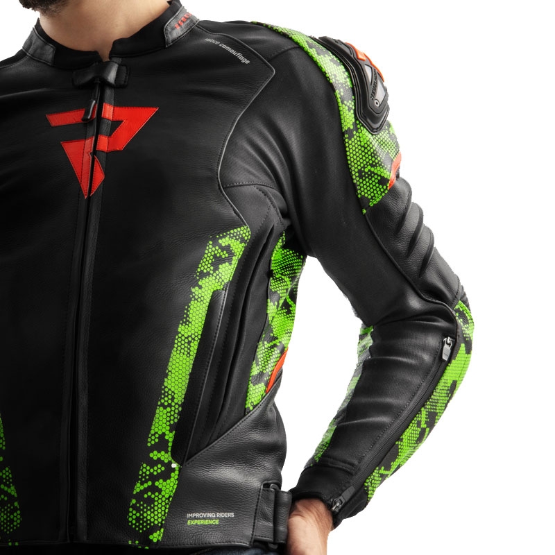 Giacca moto in pelle Rebelhorn Veloce nero-verde mimetico-rosso fluo
