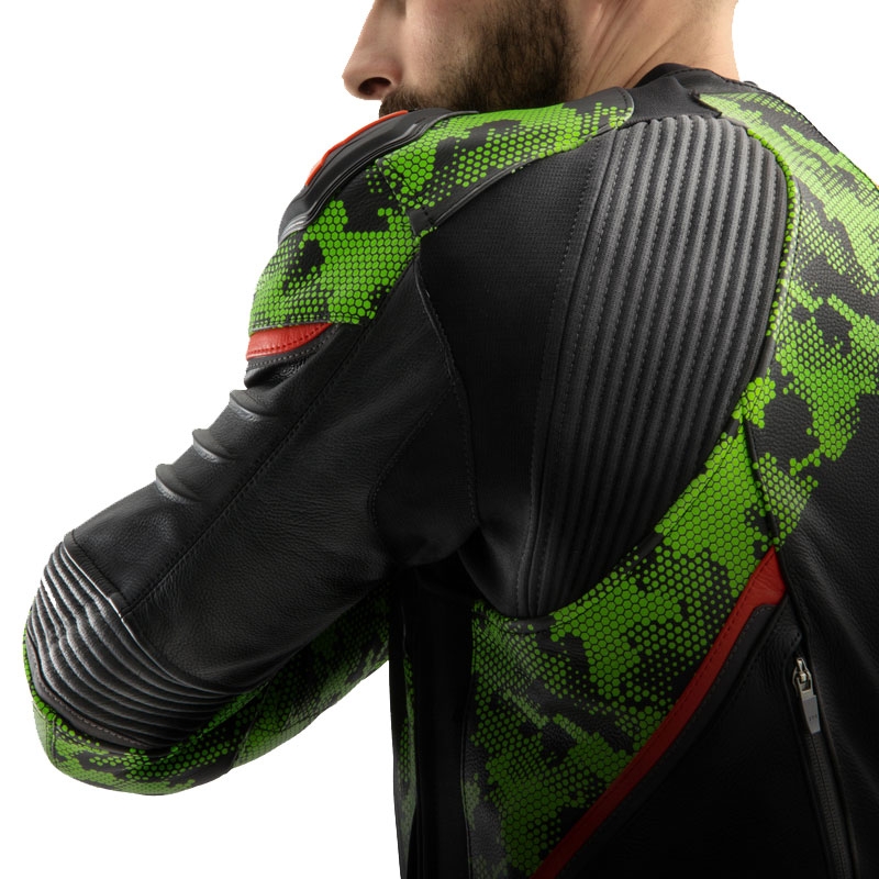Giacca moto in pelle Rebelhorn Veloce nero-verde mimetico-rosso fluo
