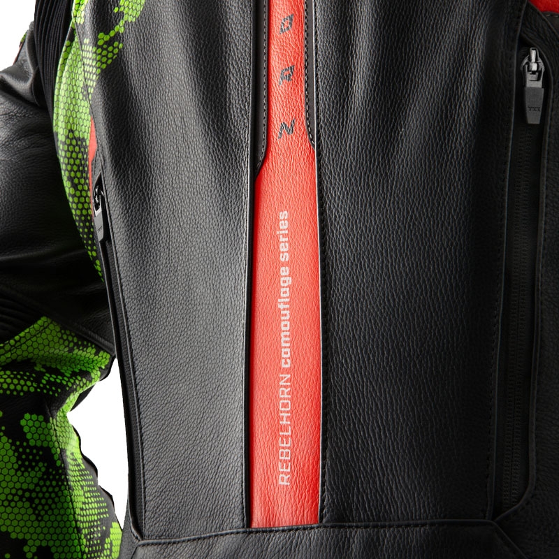 Giacca moto in pelle Rebelhorn Veloce nero-verde mimetico-rosso fluo