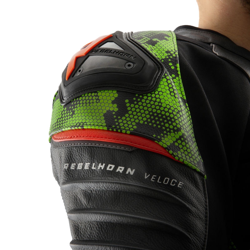 Giacca moto in pelle Rebelhorn Veloce nero-verde mimetico-rosso fluo