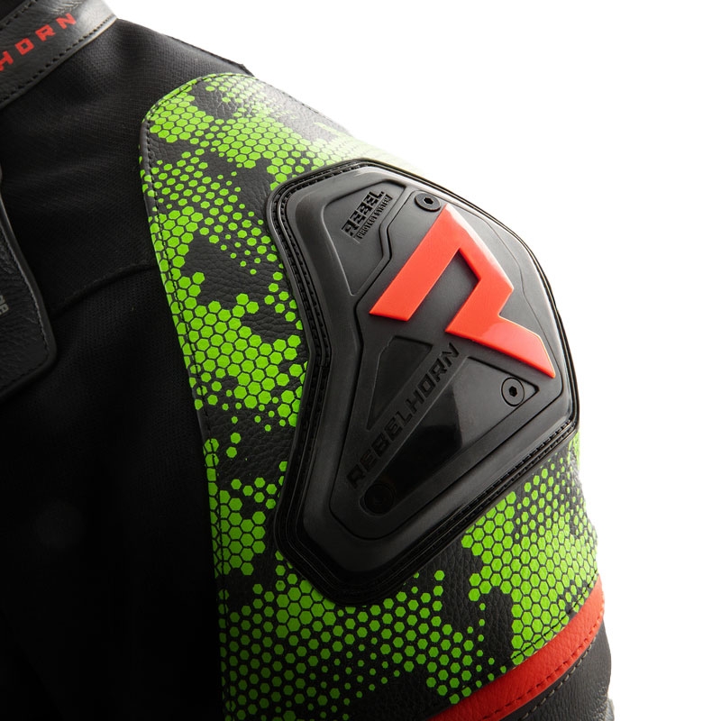 Giacca moto in pelle Rebelhorn Veloce nero-verde mimetico-rosso fluo
