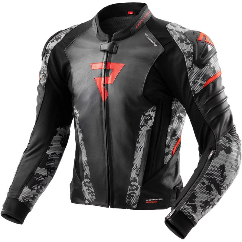 Giacca moto in pelle Rebelhorn Veloce nero-grigio-rosso fluo