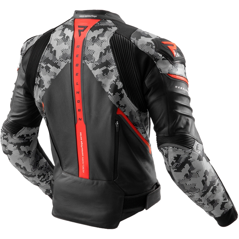 Giacca moto in pelle Rebelhorn Veloce nero-grigio-rosso fluo