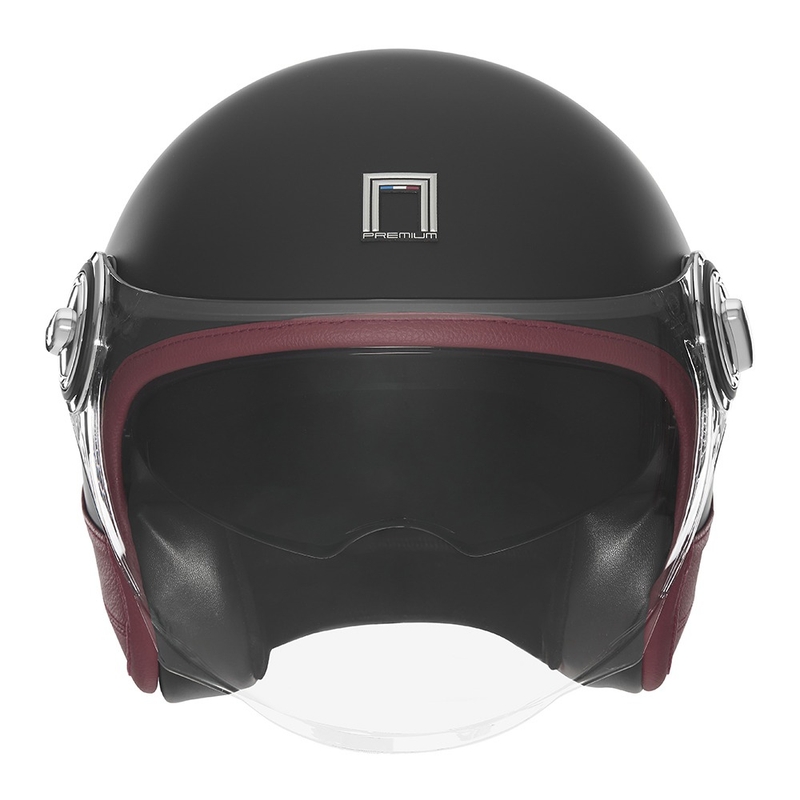 Casco da moto jet NOX PREMIUM Heritage nero opaco con pelle rossa