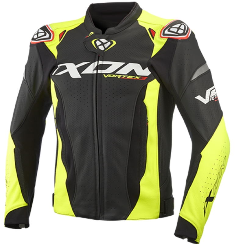 Giacca moto in pelle IXON Vortex 3 nero-giallo fluo