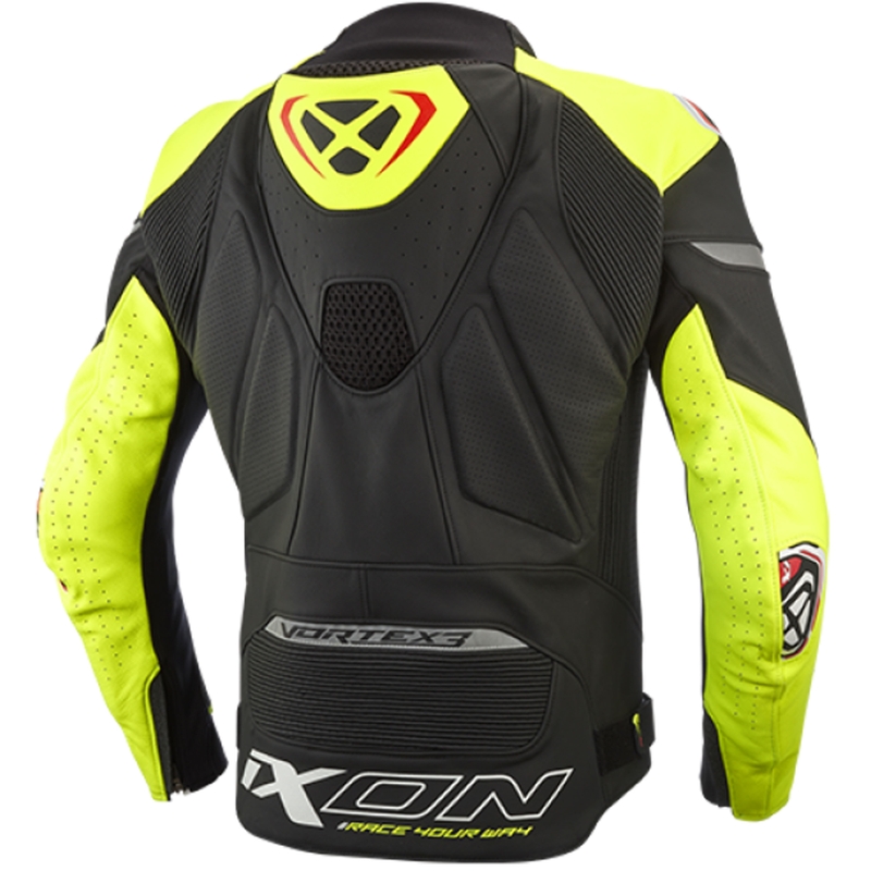 Giacca moto in pelle IXON Vortex 3 nero-giallo fluo