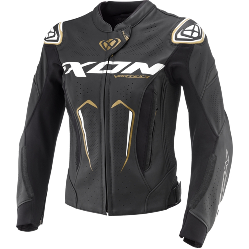 Giacca moto in pelle da donna IXON Vortex 3 nero-bianco-oro