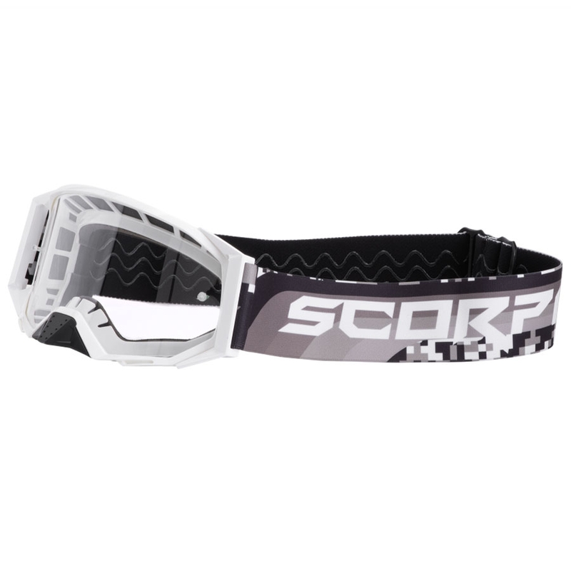 Maschera motocross Scorpion E24 bianco-nero con plexiglass trasparente
