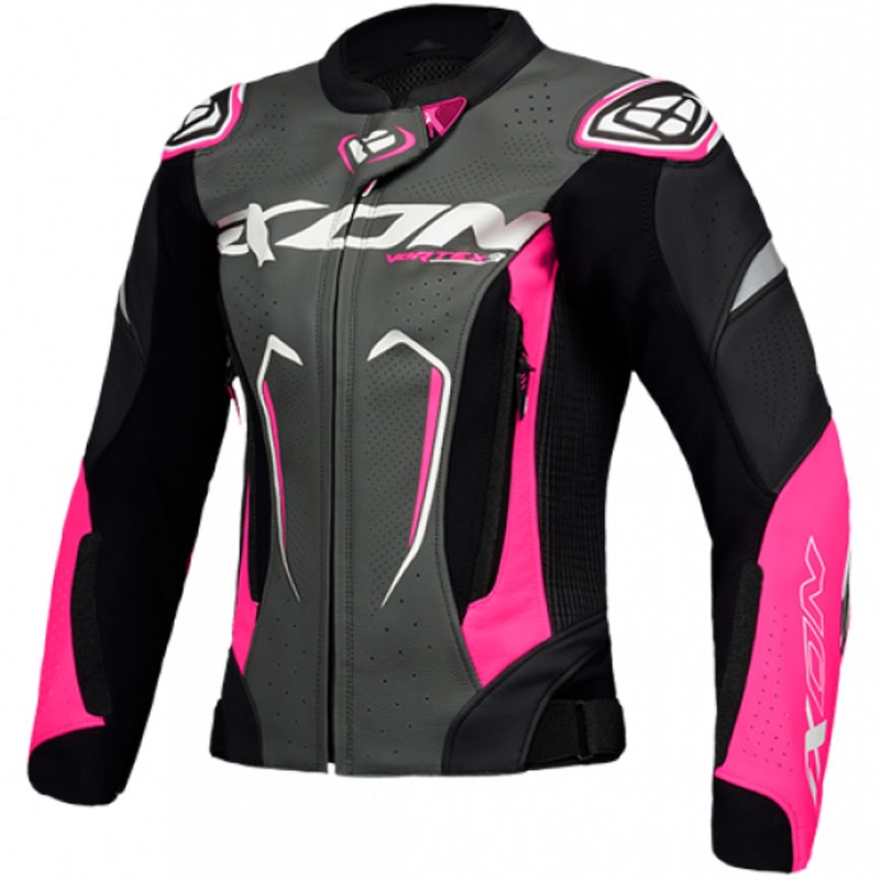 Giacca moto in pelle da donna IXON Vortex 3 nero-rosa-bianco