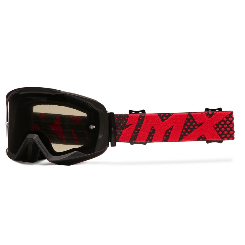 Occhiali da motocross iMX Endurance Flip neri-rossi con plexiglass fumé.