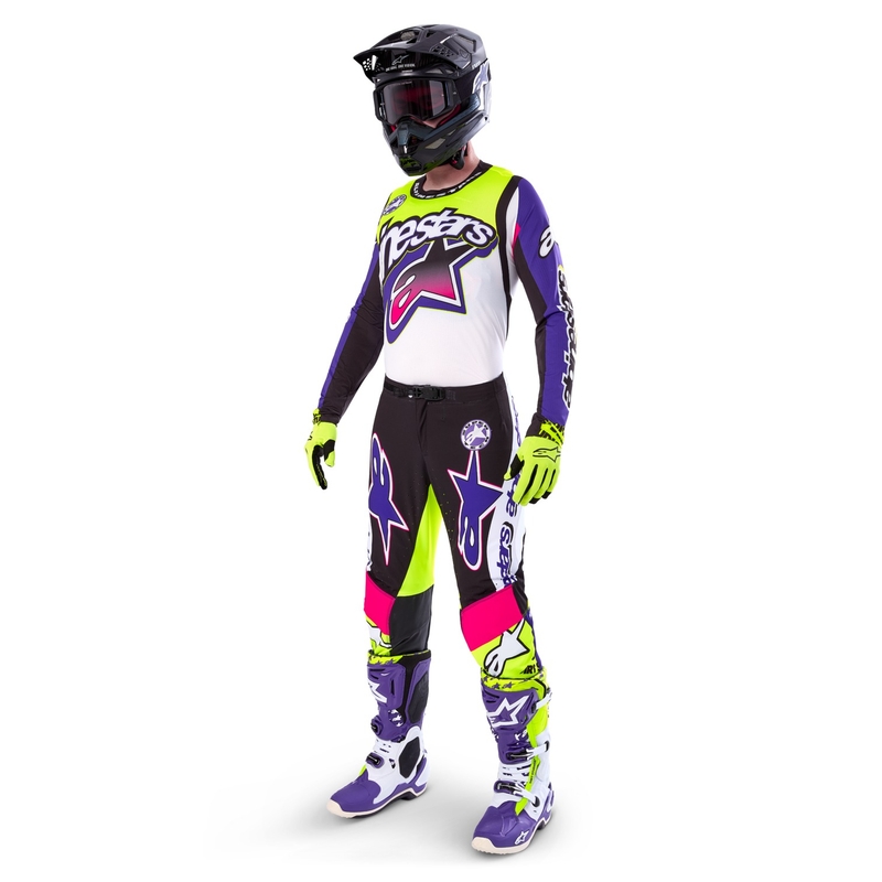 Pantaloni da motocross Alpinestars Supertech edizione limitata Dirt Studios bianco-viola-rosa-giallo fluo