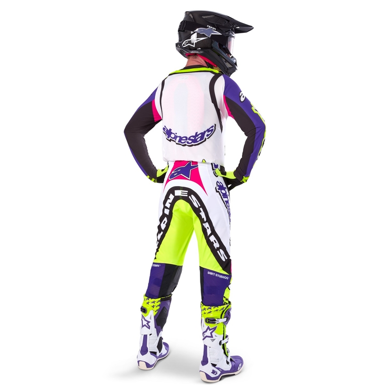Pantaloni da motocross Alpinestars Supertech edizione limitata Dirt Studios bianco-viola-rosa-giallo fluo