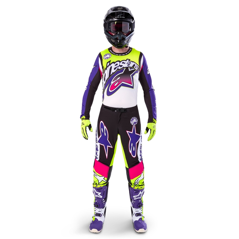 Pantaloni da motocross Alpinestars Supertech edizione limitata Dirt Studios bianco-viola-rosa-giallo fluo