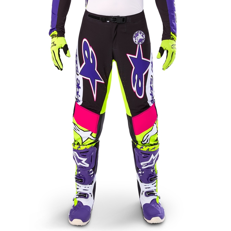 Pantaloni da motocross Alpinestars Supertech edizione limitata Dirt Studios bianco-viola-rosa-giallo fluo