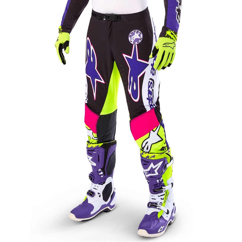 Pantaloni da motocross Alpinestars Supertech edizione limitata Dirt Studios bianco-viola-rosa-giallo fluo