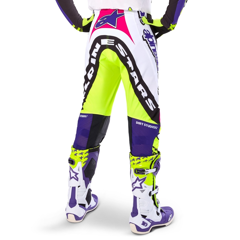 Pantaloni da motocross Alpinestars Supertech edizione limitata Dirt Studios bianco-viola-rosa-giallo fluo