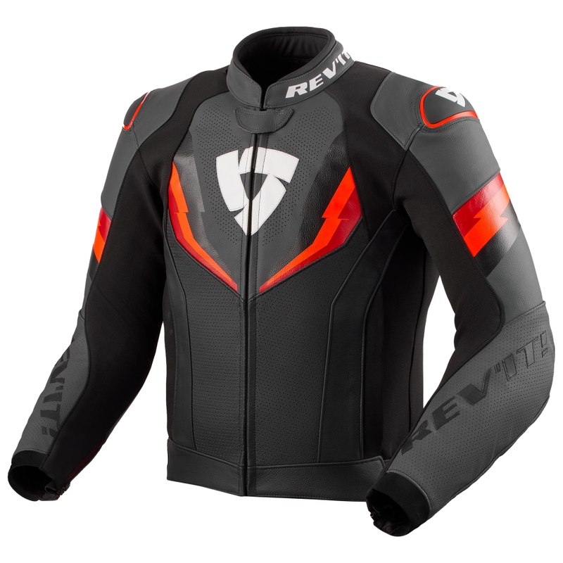 Giacca da moto in pelle Revit Quantum 3 nero-rosso fluo
