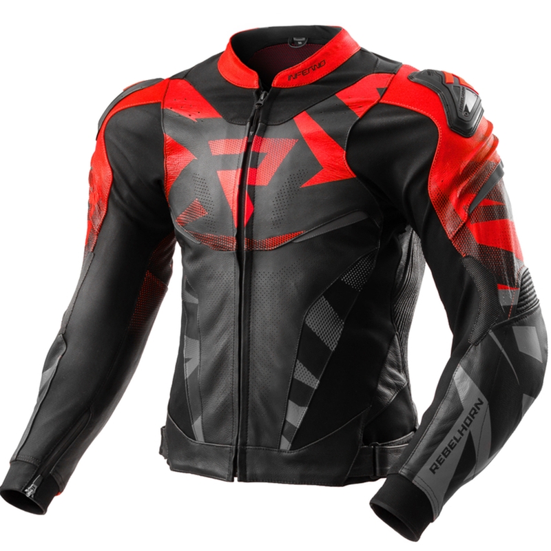 Giacca da motociclista in pelle Rebelhorn Inferno, nera e rosso fluo.