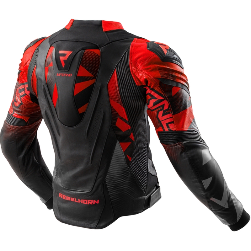 Giacca da motociclista in pelle Rebelhorn Inferno, nera e rosso fluo.