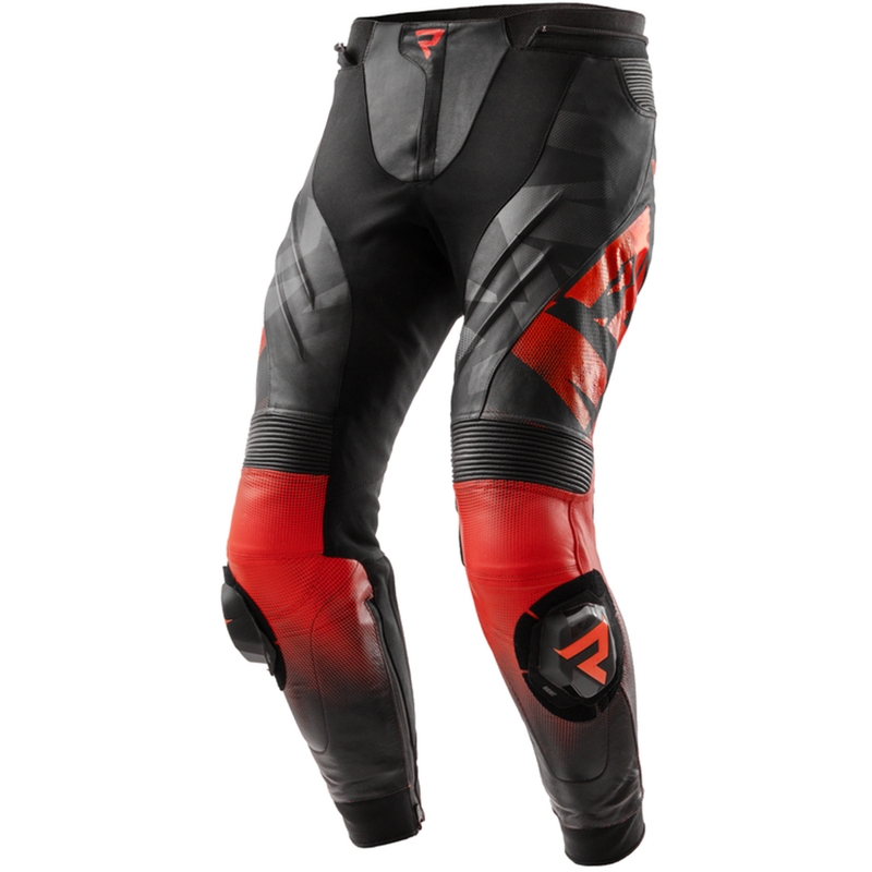 Pantaloni da motociclista in pelle Rebelhorn Inferno, neri e rosso fluo.