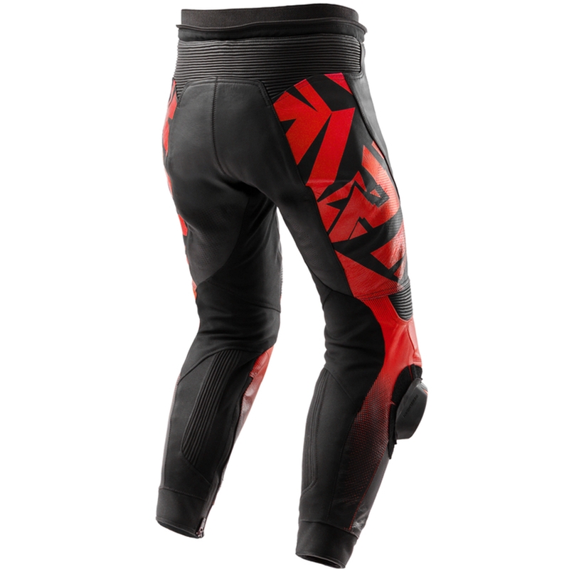 Pantaloni da motociclista in pelle Rebelhorn Inferno, neri e rosso fluo.