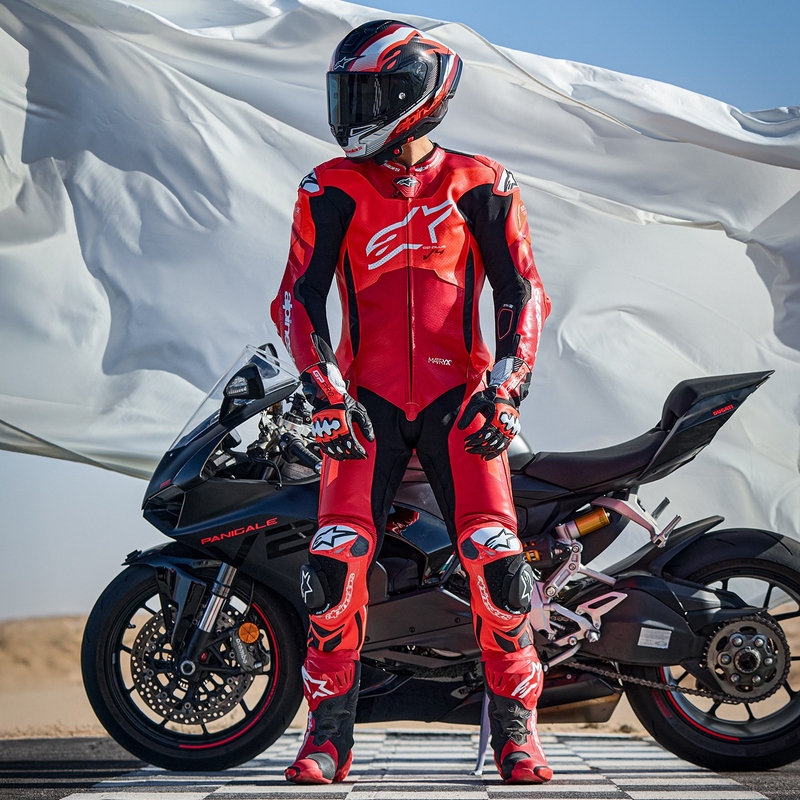 Tuta da moto in pelle monopezzo Alpinestars GP Plus V4 Sprint, compatibile con Tech-air, rosso fluo-rosso-bianco-nero